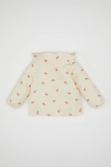 Girl Large Collar Floral Patterned Buttoned Twill Shirt