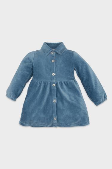 Baby Girl Long Sleeve Button Closure Corduroy Velvet Dress