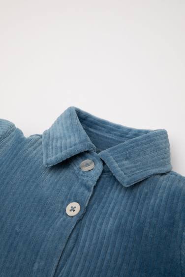 فستان بيبي بناتي قطيفة مضلع قصة عادية كم طويل بياقة قميص