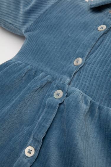 فستان بيبي بناتي قطيفة مضلع قصة عادية كم طويل بياقة قميص