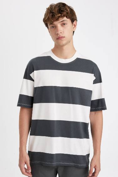 Boxy Fit Crew Neck Striped Cotton Short Sleeve T-Shirt