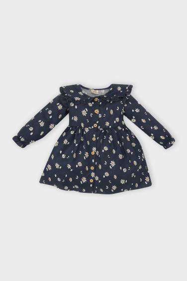 Baby Girl Floral Long Sleeve Ruffle Collar Twill Dress