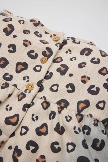 Kız Bebek Leopar Desenli Düğmeli Fırfırlı Uzun Kollu Elbise
