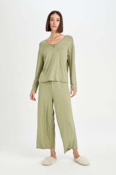 Pijama Takım Viskon Puantiyeli Uzun Kollu Üst Beli Lastikli Alt-Fall in Love