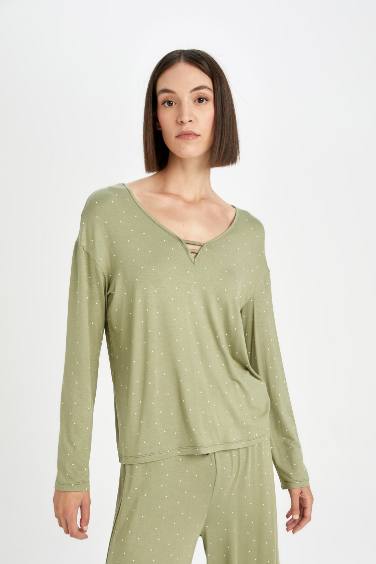 Pijama Takım Viskon Puantiyeli Uzun Kollu Üst Beli Lastikli Alt-Fall in Love