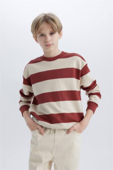 Boy Oversize Fit Pattern Crew Neck Striped Sweatshirt