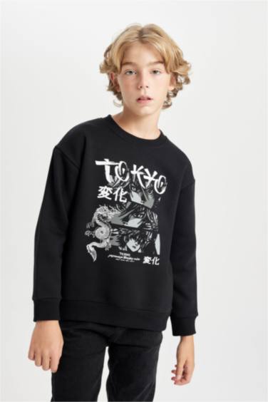 Siyah Oversize Geniş Kalıp Bisiklet Yaka Baskılı Sweatshirt Erkek Çocuk