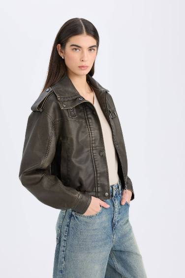 Relax Fit Zippered Double Pocket Faux Leather Jacket