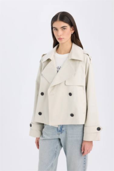 Regular Fit Kısa Trençkot Smokin Yaka Düğmeli Cepli Apoletli