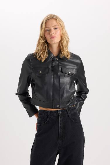 Regular Fit Faux Leather Faux Leather Jacket