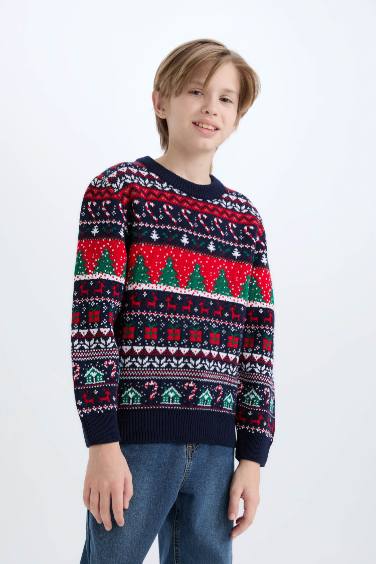 Boy Christmas Themed Crew Neck Knitwear Pullover