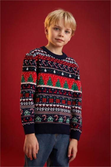 Boy Christmas Themed Crew Neck Knitwear Pullover