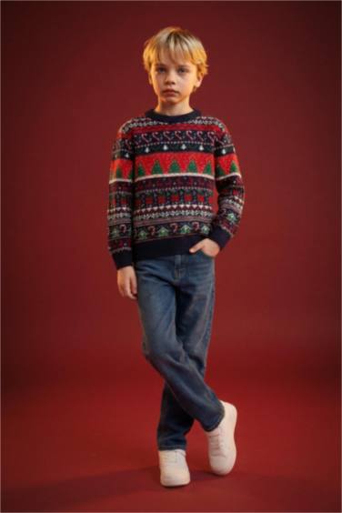 Boy Christmas Themed Crew Neck Knitwear Pullover