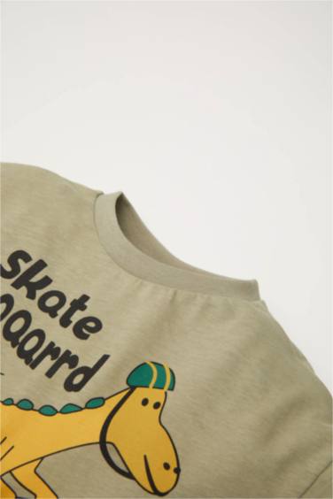 Erkek Bebek Bisiklet Yaka Dinozor Baskılı Uzun Kollu Tişört