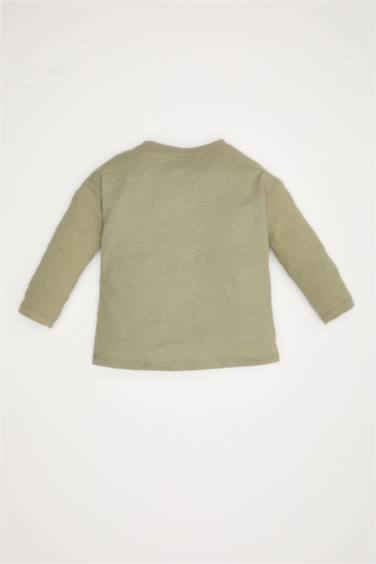 Erkek Bebek Bisiklet Yaka Dinozor Baskılı Uzun Kollu Tişört