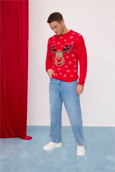 بلوفر تريكو احمر قصة عادية بياقة مستديرة بطبعة كريسماس