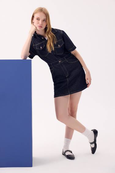 Fashion Fit Gömlek Yaka Cepli Kısa Kollu Midi Jean Elbise