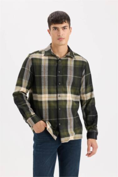 Regular Fit Polo Yaka Kareli Flanel Uzun Kollu Gömlek