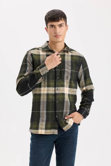 Regular Fit Polo Yaka Kareli Flanel Uzun Kollu Gömlek