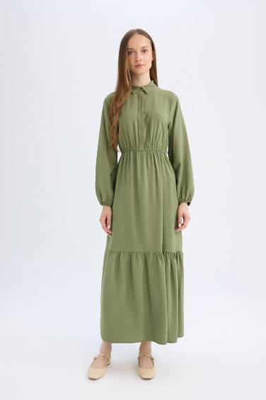 Shirt Collar Basic Buttoned Waist Gathered Maxi Dress