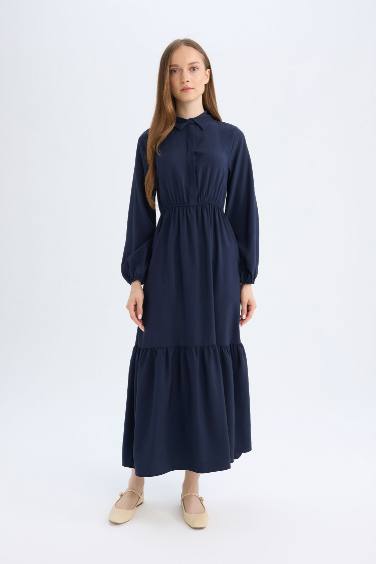 Gömlek Yaka Basic Düz Düğmeli Beli Büzgülü Uzun Kollu Maxi Lacivert Elbise