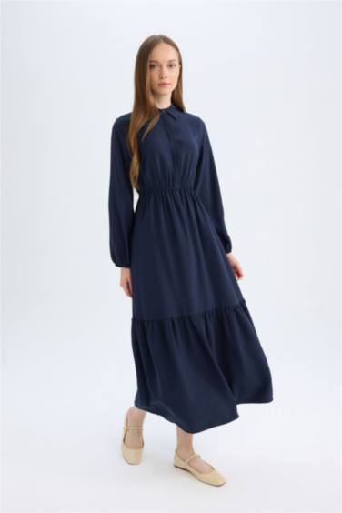 Gömlek Yaka Basic Düz Düğmeli Beli Büzgülü Uzun Kollu Maxi Lacivert Elbise