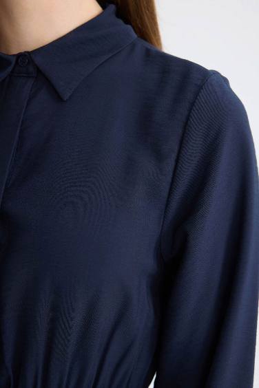 Gömlek Yaka Basic Düz Düğmeli Beli Büzgülü Uzun Kollu Maxi Lacivert Elbise