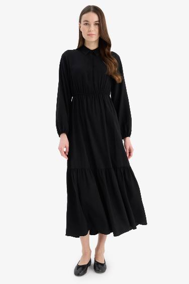 Shirt Collar Basic Buttoned Waist Drawstring Maxi Dress