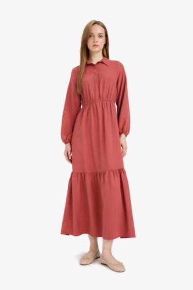 Shirt Collar Gathered Long Sleeve Maxi Dress