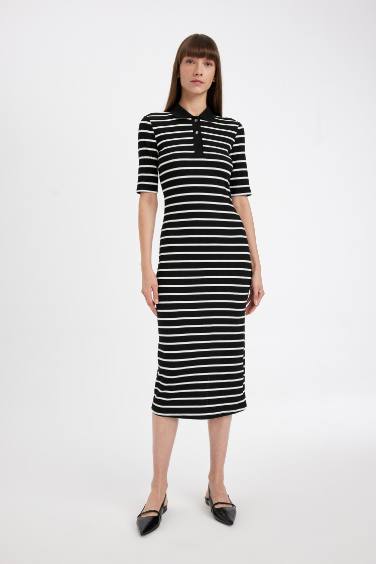 Bodycon Polo Collar Striped Camisole Midi Dress