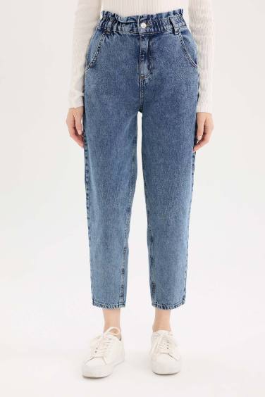 Paperbag Relaxed Fit High Waist Straight Leg Washed Jeans