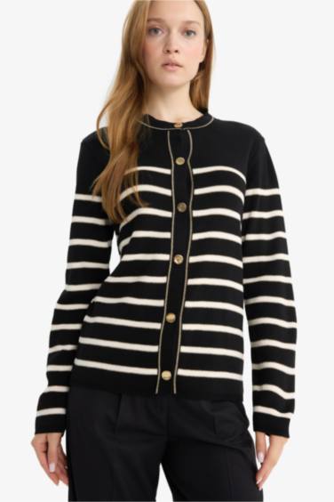 Regular Fit Crew Neck Striped Knit Cardigan