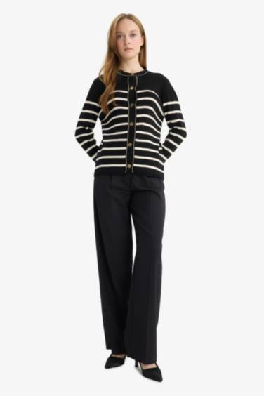Regular Fit Crew Neck Striped Knit Cardigan