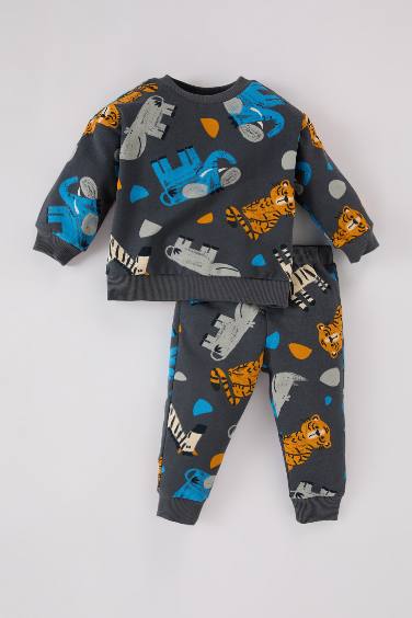 Baby Boy Crew Neck Animal Patterned Sweatshirt Sweatpants 2 Piece Set