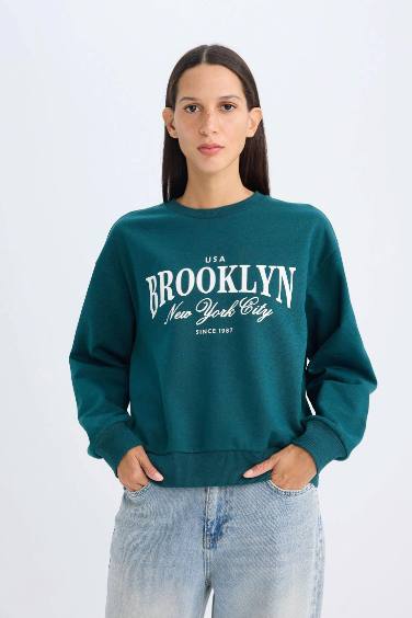 Regular Fit Bisiklet Yaka Baskılı İnce Sweatshirt