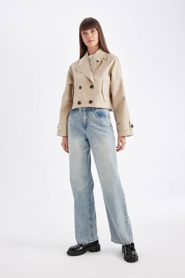 Smokin Yaka Düğmeli Pamuklu Kısa Trençkot