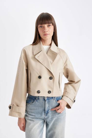 Smokin Yaka Düğmeli Pamuklu Kısa Trençkot