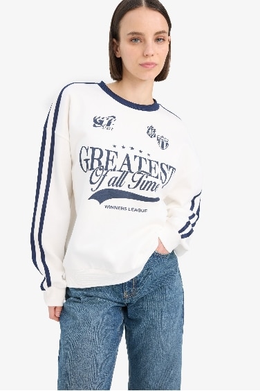 Coool Oversize Geniş Kalıp Bisiklet Yaka Baskılı Kalın Sweatshirt