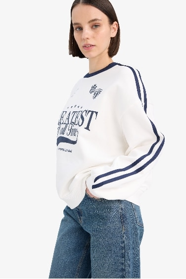 Coool Oversize Geniş Kalıp Bisiklet Yaka Baskılı Kalın Sweatshirt