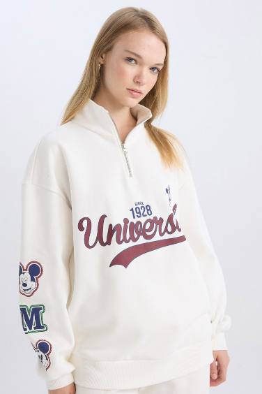 Disney Mickey & Minnie Oversize Fit Zippered Thick White Sweatshirt