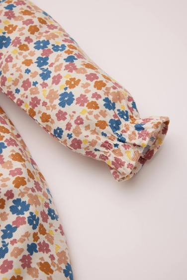 Kız Bebek Çiçekli Uzun Kollu Yakası Fırfırlı Twill Elbise