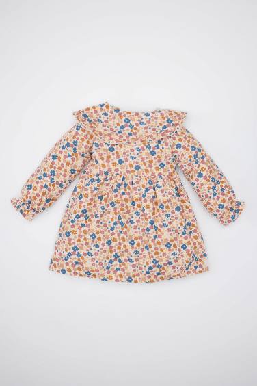 Kız Bebek Çiçekli Uzun Kollu Yakası Fırfırlı Twill Elbise