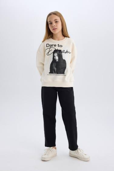 بنطلون اسود بناتي قصة مستقيمة بجيب وخصر مطاطي