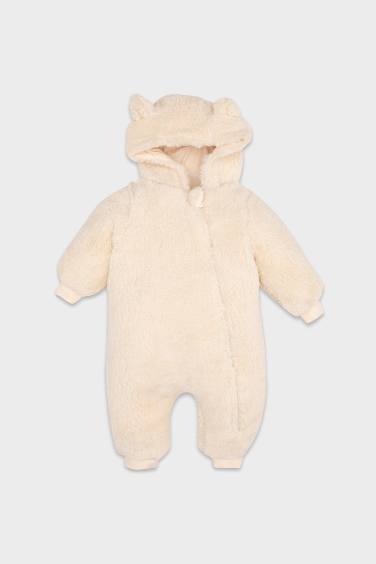 Girl Baby Newborn Beige Zippered Hat Plush Jumpsuit