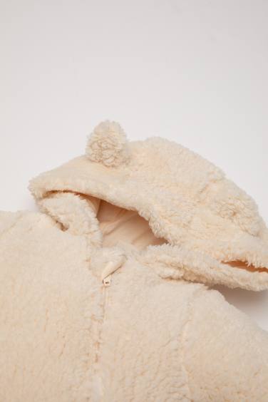 Girl Baby Newborn Beige Zippered Hat Plush Jumpsuit