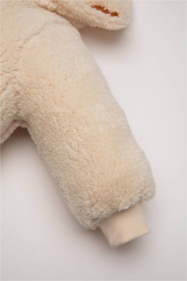 Girl Baby Newborn Beige Zippered Hat Plush Jumpsuit