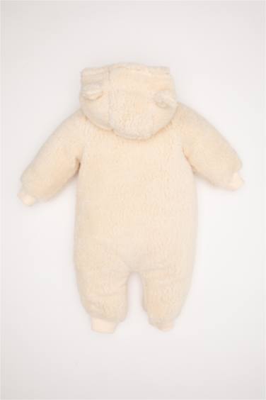 Girl Baby Newborn Beige Zippered Hat Plush Jumpsuit