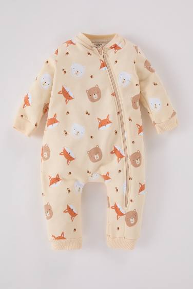 Baby Boy Newborn Animal Patterned Zippered Jumpsuit