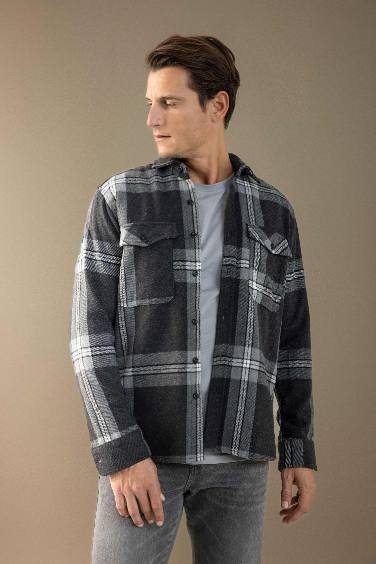 Regular Fit Polo Yaka Kareli Oduncu Flanel Uzun Kollu Gömlek