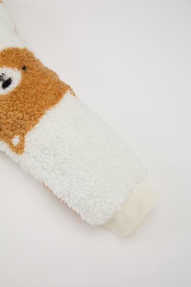 Baby Boy Newborn Bear Patterned Zippered Plush Jumpsuit